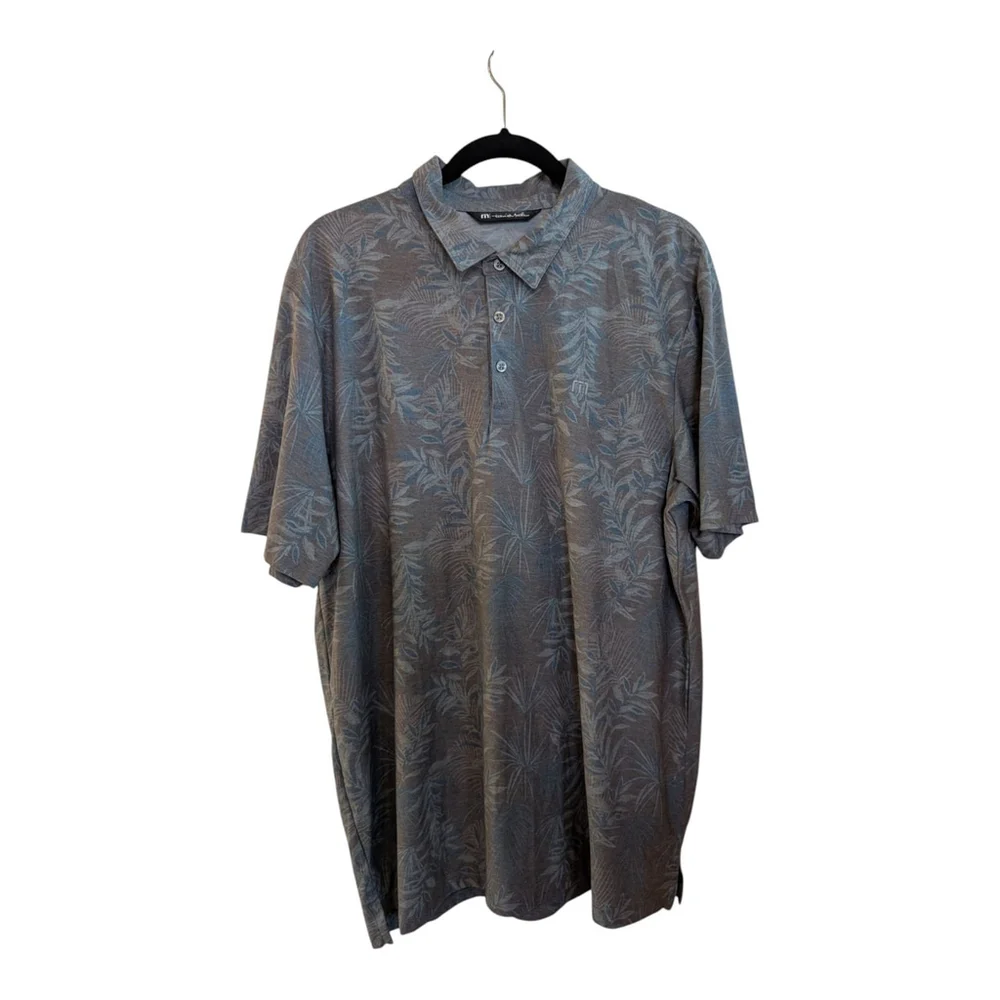 Travis Mathew Golf Polo Shirt Mens Gray Blue AOP Tropical Palm Leaf XL - Picture 2 of 9
